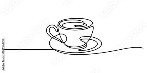Continuous one line drawing of a coffee cup with a saucer on white background.