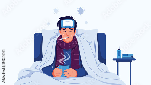 Sick man lying in bed with a fever patch, thermometer, and hot drink, surrounded by virus particles, indicating illness, flu, or COVID-19 infection.