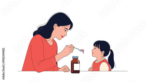 Caring mother gently giving medicine to her young child with a spoon, symbolizing essential child healthcare, responsible parenting, and effective treatment.