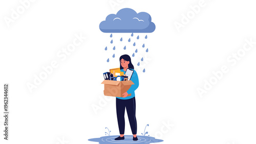 Sad woman holding a box of personal belongings, standing alone under a raining cloud, symbolizing job loss, unemployment, or emotional distress.