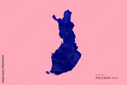 Finland Map - Low poly polygon map in deep blue gradient on soft pink pastel background, modern minimal geometric design, clean digital vector illustration.