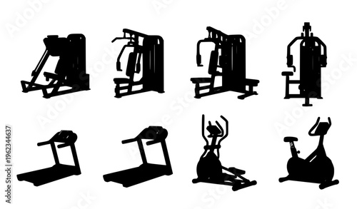 Gym, weightlifting and fitness training icon set. Exercises for all muscles with dumbbells, barbell and machines. Workout, strength, bodybuilding, icons. Line editable stroke vector illustrations. 
