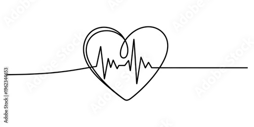 Heartbeat line drawing with a heart shape in a single continuous stroke on white background.