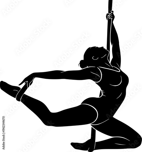 Solid black silhouette of an elegant female aerialist performing an aerial silks routine, graceful acrobat and circus performer vector isolated on white.