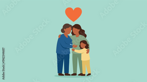 Family love illustration with two women and a child hugging under a heart