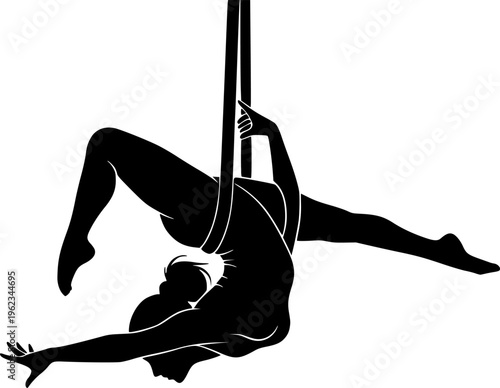Solid black silhouette of an elegant female aerialist performing an aerial silks routine, graceful acrobat and circus performer vector isolated on white.
