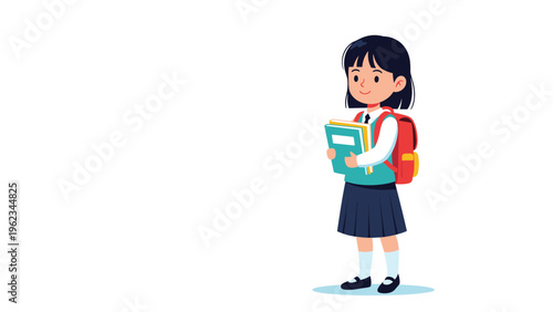 Happy little girl in a school uniform with a backpack, holding books, symbolizing enthusiastic student life, dedication to education, and back-to-school excitement.