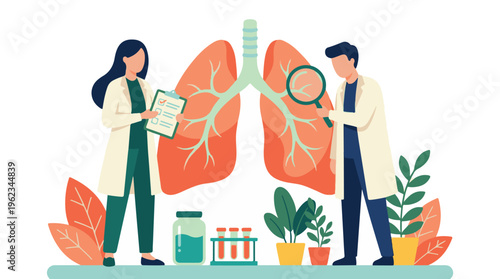 Medical professionals examining human lungs, respiratory health concept