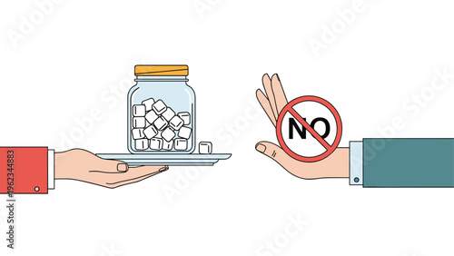 Two hands illustrating a sugar refusal concept, one offering a jar of sugar cubes on a tray, and the other making a 'no' gesture.
