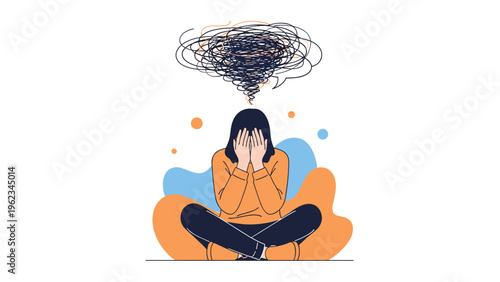 Woman sitting cross-legged with her face hidden in her hands, depicting stress, anxiety, or overwhelming tangled thoughts above her head.