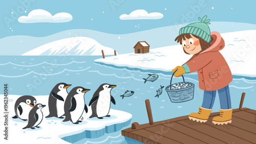 Child feeding penguins on icy dock with fish bucket snowy landscape and blue sea