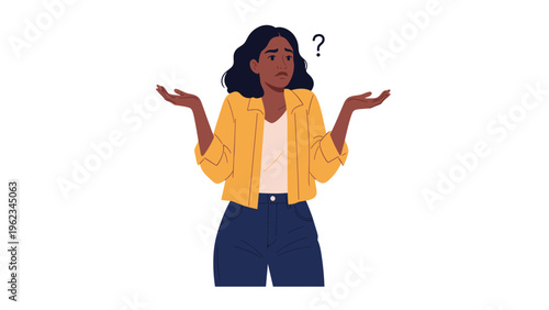 Woman shrugging with open palms and a question mark above her head, expressing confusion, uncertainty, or a lack of knowledge.