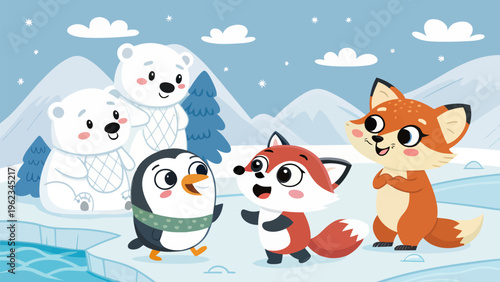 Cute chibi style arctic animals play together in snowy landscape with mountains and trees