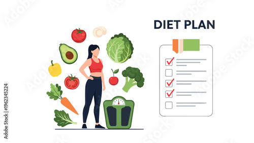 Woman standing on a weighing scale surrounded by healthy vegetables and fruits, next to a "DIET PLAN" checklist, promoting healthy eating.