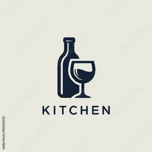 Wine Bottle and Glass Kitchen Logo Design.
