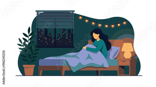 Sleepless night for a woman sitting alone in bed in a dark room
