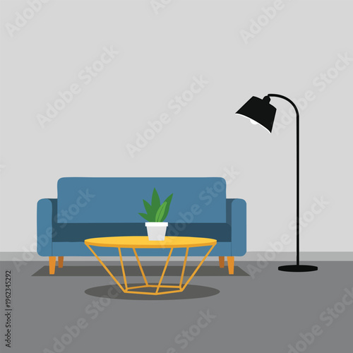 A minimalistic interior scene showcasing a blue sofa, yellow table with plant, and a black arc lamp against a light-grey wall