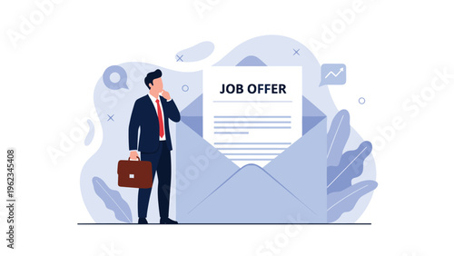 Businessman standing thoughtfully next to a giant job offer letter inside an envelope, representing career opportunity and decision-making.