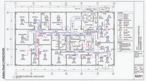 Blurry architectural blueprint or building plan with CAD design and technical details marked