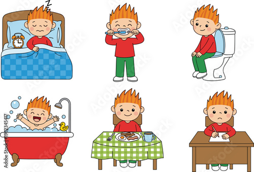Boy daily routine illustrations, morning habits, hygiene activities, breakfast time, study desk, cartoon sequence, child lifestyle, educational design, playful art