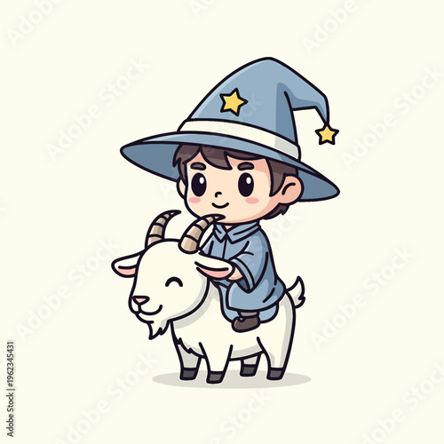 A cartoon depicts a wizard-like child wearing a hat with star charms, riding a happy goat. The image is charming, whimsical, and brightly colored