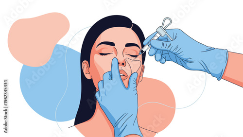 Person receiving a cosmetic injection or filler in the face by hands in blue gloves, illustrating beauty procedures or aesthetic medicine.