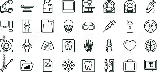 Medical imaging diagnostics outline icon set with radiology anatomy scan equipment symbols for healthcare apps dashboards interfaces presentations education materials
