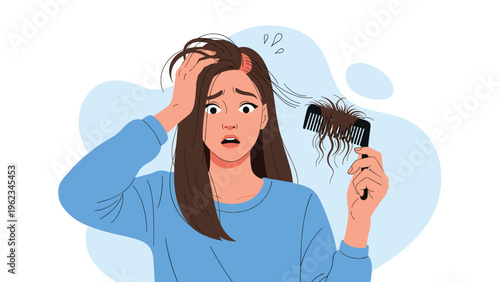 Distressed woman looking at hair falling out into her comb, symbolizing hair loss, alopecia, or a related health concern.