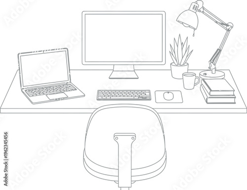 A clean, simple line art illustration showcasing a modern home office setup with a computer, laptop, desk lamp, and various office essentials, perfect for remote work and study concepts.