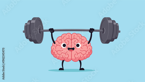 Cute cartoon brain character joyfully lifting a heavy barbell, symbolizing mental strength, intelligence, brain training, or cognitive development.