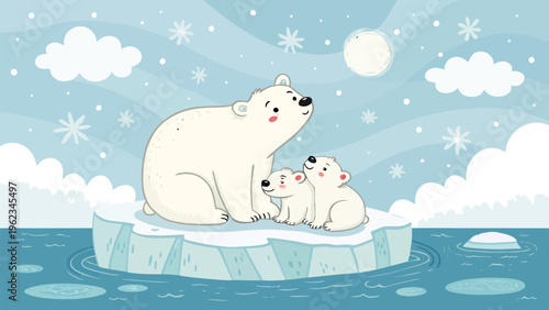Cute polar bear family on floating ice with soft pastel colors in a snowy arctic landscape with clouds and snowflakes