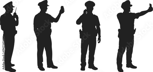 Vector illustration of police officer silhouettes using phones and radios in communication poses, ideal for law enforcement, security, and design projects.