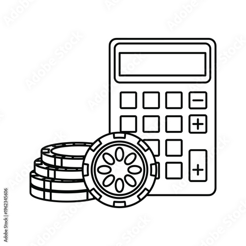 Calculator with poker chips and stack of coins representing gambling finances