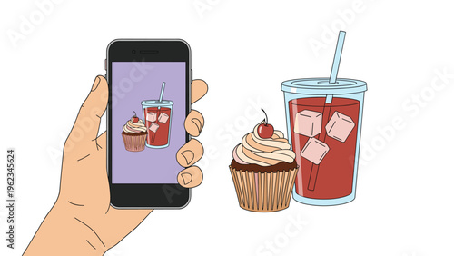 Hand holding a smartphone showing an image of a cupcake and iced drink, with the real items next to it, depicting mobile ordering or food photography.