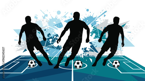 Dynamic silhouettes of soccer players on a pitch with abstract design background