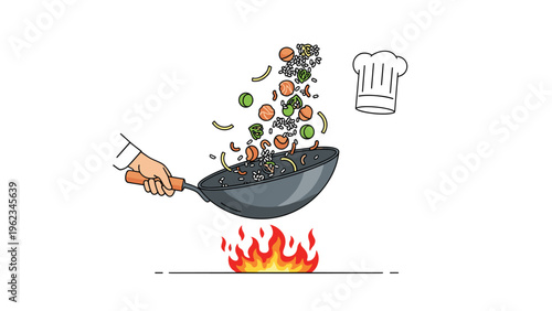 Chef's hand stirring vegetables and rice in a wok over a flame, with a chef's hat, representing cooking, stir-fry, and Asian cuisine.