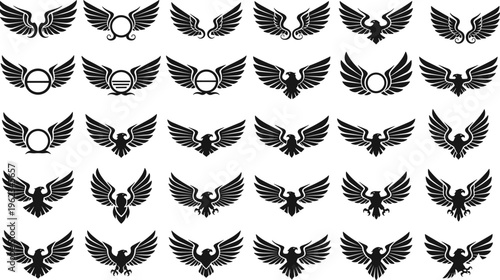 Eagle Silhouette Vector Collection Featuring Majestic Bird Wings and Heraldic Hawk Emblems for Sports Team Logos Security Branding and Patriotic Military Style Graphic Design Elements