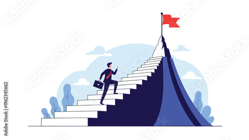 Businessman climbing a long stairway leading up a mountain peak with a flag, symbolizing ambition, achievement, and overcoming challenges.