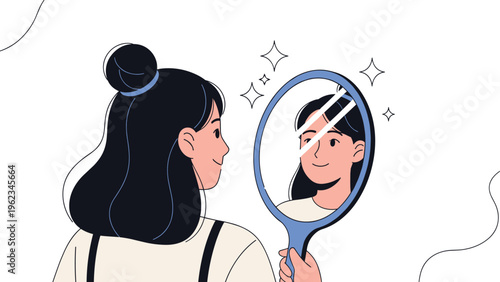 Woman looking at her reflection in a hand mirror, with sparkling stars, symbolizing self-love, self-acceptance, and positive body image.