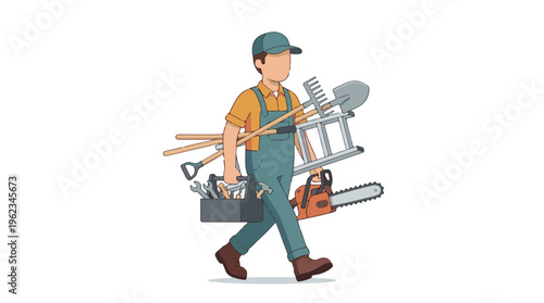 Handyman carrying a toolbox, ladder, shovel, rake, and chainsaw