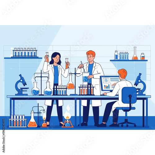 Scientists working in a modern laboratory, conducting experiments with test tubes and microscopes.