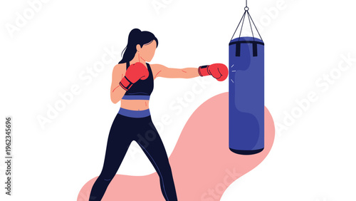 Woman in sportswear and boxing gloves punching a heavy bag, symbolizing fitness, self-defense, strength, and stress relief.
