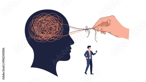 Large silhouette of a head with tangled lines inside and a hand untangling a knot, representing psychotherapy, mental clarity, and problem-solving.