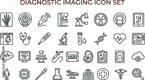 Diagnostic imaging outline icon set with radiology scan medical equipment symbols for healthcare apps dashboards interfaces presentations education materials