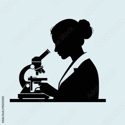 Silhouette of a scientist looking through a microscope, conducting research in a lab.