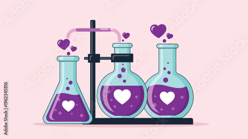 Laboratory flasks filled with purple liquid and hearts, connected by tubes, symbolizing the chemistry of love, relationships, or emotional bonding.