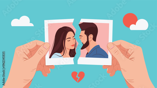 Hands holding a torn photograph of a couple with a broken heart, symbolizing divorce, breakup, relationship problems, or emotional pain.
