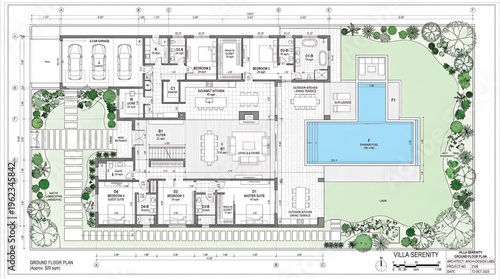 Architectural blueprint of a modern house with a swimming pool and garden, detailed CAD design and floor plan.