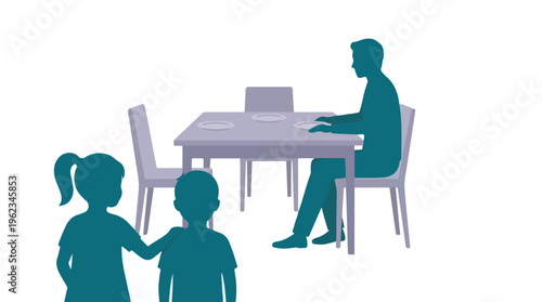 Minimalist illustration of a father with two children at the dinner table