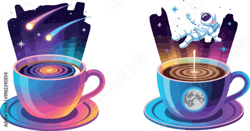 Surreal coffee cup with cosmic galaxy swirl and falling comets in vibrant colorful space vector illustration.